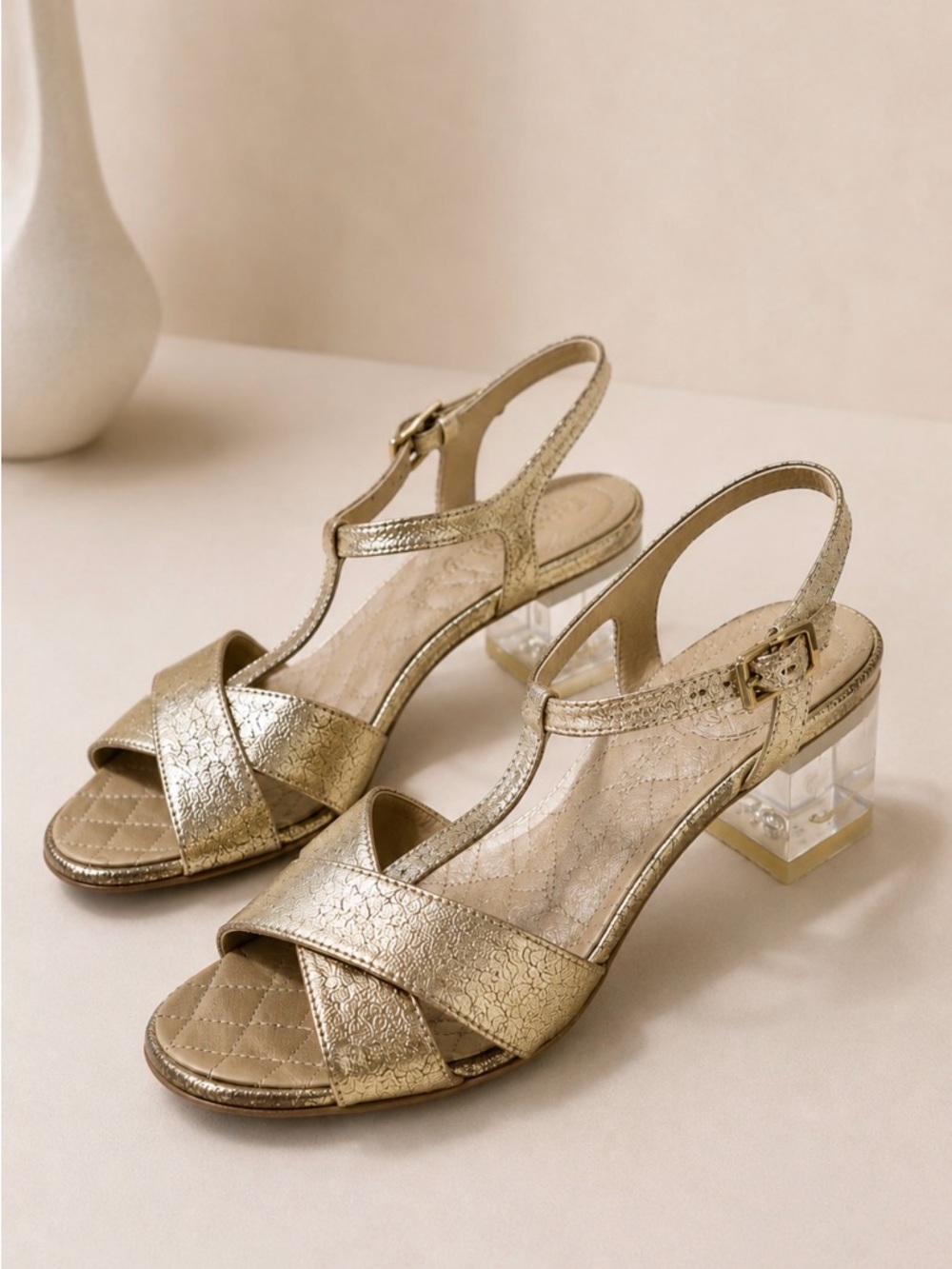 Authentic Chanel Gold Metallic Leather Sandals | Size US 6.5CC Logo Lucite Heel